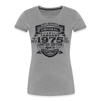 Né 1975 Janvier 48ème anniversaire Homme cadeau - T-shirt bio Premium Femme - gris chiné - Devant - Mia (176cm)