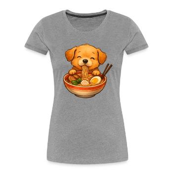 Cute little dog eating ramen noodles from bowl - Women's Premium Organic T-Shirt - heather grey - Front - Mia (176cm)