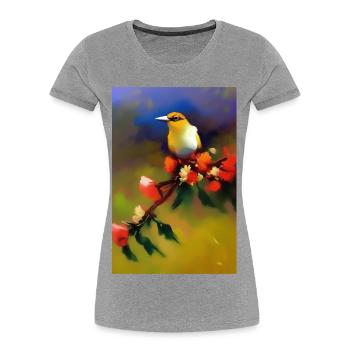 Oiseau sur branche avec des fleurs colorées - T-shirt bio Premium Femme - gris chiné - Devant - Mia (176cm)