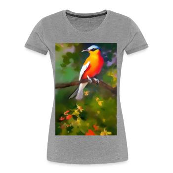 Oiseau sur branche avec des fleurs colorées - T-shirt bio Premium Femme - gris chiné - Devant - Mia (176cm)