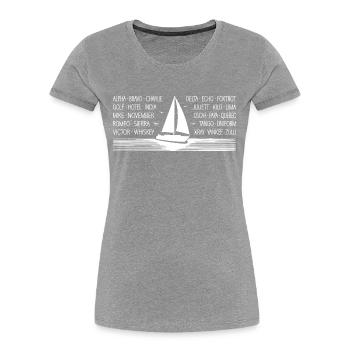 NATO-Alphabet Seefunk mit Segelboot weiß - Frauen Premium Bio T-Shirt - Grau meliert - Vorne - Mia (176cm)