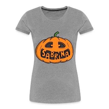 Sabrina Halloween Kürbis - Frauen Premium Bio T-Shirt - Grau meliert - Vorne - Mia (176cm)