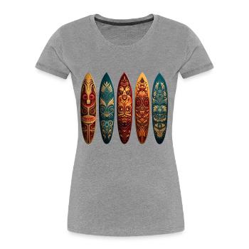 Polynesische Kunst auf verschiedenen Surfboards - Frauen Premium Bio T-Shirt - Grau meliert - Vorne - Mia (176cm)