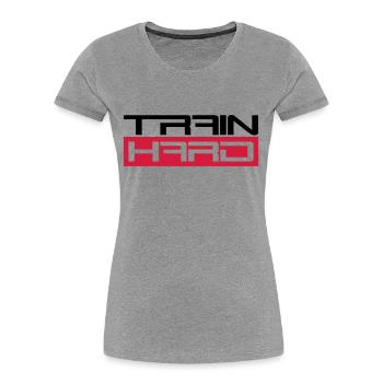 workout cool design text hantel train hard trainie - Frauen Premium Bio T-Shirt - Grau meliert - Vorne - Mia (176cm)