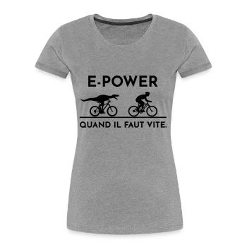 Un vélociraptor poursuit un cycliste électrique - T-shirt bio Premium Femme - gris chiné - Devant - Mia (176cm)
