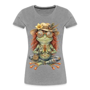 Motif aquarelle : Grenouille bohème méditatrice - T-shirt bio Premium Femme - gris chiné - Devant - Mia (176cm)