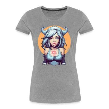 L’ancienne déesse de l’espièglerie et des farces - T-shirt bio Premium Femme - gris chiné - Devant - Mia (176cm)