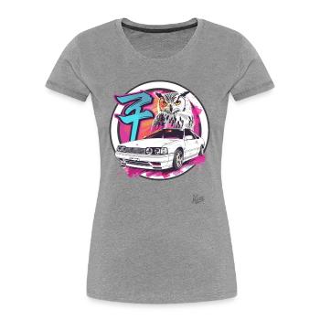 Explosion de couleurs : Owl et JDM Street Car - T-shirt bio Premium Femme - gris chiné - Devant - Mia (176cm)