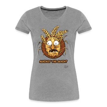 Gegen den Strom: Cartoon-Getreide-Gesicht - Frauen Premium Bio T-Shirt - Grau meliert - Vorne - Mia (176cm)