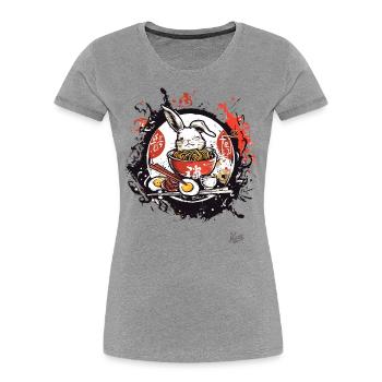 Œufs, nouilles et lapin avec ramen japonais - T-shirt bio Premium Femme - gris chiné - Devant - Mia (176cm)