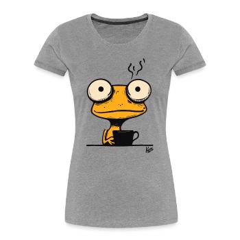 Drôle de grenouille gecko café du lundi matin - T-shirt bio Premium Femme - gris chiné - Devant - Mia (176cm)