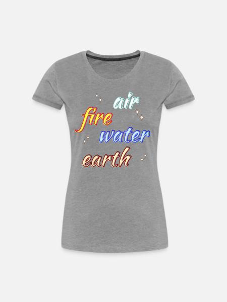 Elemente Feuer Wasser Luft Erde, bunte Buchstaben - Frauen Premium Bio T-Shirt - Grau meliert