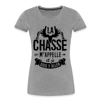 T-shirt pour Chasseur - La Chasse m"appelle - T-shirt bio Premium Femme - gris chiné - Devant - Mia (176cm)