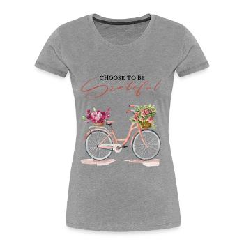 Vintage Fahrrad mit Blumen und Spruch-Shirt - Frauen Premium Bio T-Shirt - Grau meliert - Vorne - Mia (176cm)