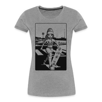 Teen Girl mit Skateboard | Schmetterling auf Shirt - Frauen Premium Bio T-Shirt - Grau meliert - Vorne - Mia (176cm)