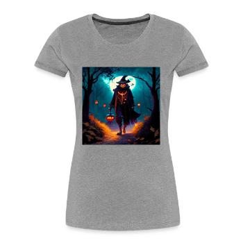 Kürbiskopfmann im düsteren Wald - Frauen Premium Bio T-Shirt - Grau meliert - Vorne - Mia (176cm)