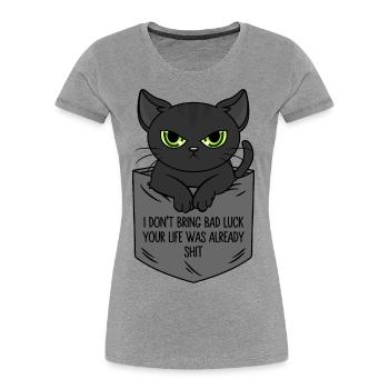 Poche poitrine chat noir Je n’apporte pas de malchance - T-shirt bio Premium Femme - gris chiné - Devant - Mia (176cm)