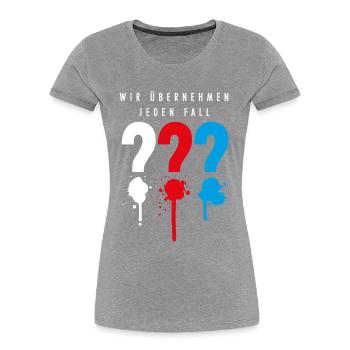 Die Drei ??? Wir übernehmen jeden Fall - Frauen Premium Bio T-Shirt - Grau meliert - Vorne - Mia (176cm)