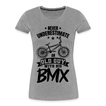 Ne sous-estimez jamais un vieil homme avec le BMX - T-shirt bio Premium Femme - gris chiné - Devant - Mia (176cm)