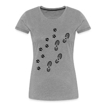 Shoe print and paw print, hiking with dog - Women's Premium Organic T-Shirt - heather grey - Front - Mia (176cm)