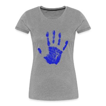 Handprint painted identity fingers and palm blue - Women's Premium Organic T-Shirt - heather grey - Front - Mia (176cm)