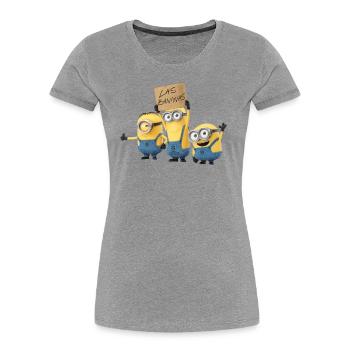 Minions Drei Fröhliche Minions Mit Schild - Frauen Premium Bio T-Shirt - Grau meliert - Vorne - Mia (176cm)