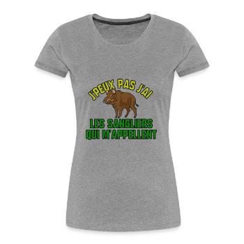 J’peux pas j’ai les sangliers qui m’appellent - T-shirt bio Premium Femme - gris chiné - Devant - Mia (176cm)