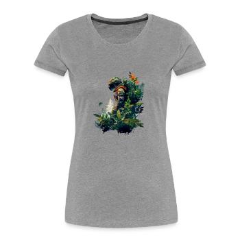 Astronaut mit Pflanzen überwuchert - Surreal - Frauen Premium Bio T-Shirt - Grau meliert - Vorne - Mia (176cm)