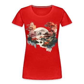 Aquarell Japanische Landschaft - Frauen Premium Bio T-Shirt - Navy - Vorne - Mia (176cm)