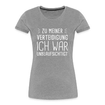 Zu meiner Verteidigung - Ich war unbeaufsichtigt - Frauen Premium Bio T-Shirt - Grau meliert - Vorne - Mia (176cm)