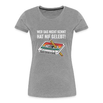 80er Jahre 90er Jahre Kassette Stift Retro Lustig - Frauen Premium Bio T-Shirt - Grau meliert - Vorne - Mia (176cm)