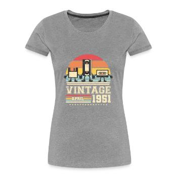 72e anniversaire Avril Né 1951 Idée cadeau - T-shirt bio Premium Femme - gris chiné - Devant - Mia (176cm)