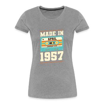 66e anniversaire Avril Né 1957 Idée cadeau - T-shirt bio Premium Femme - gris chiné - Devant - Mia (176cm)