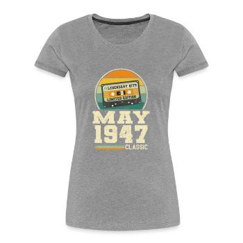 76e anniversaire Mai Né en 1947 Idée cadeau - T-shirt bio Premium Femme - gris chiné - Devant - Mia (176cm)
