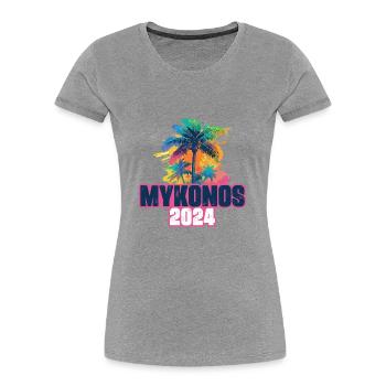 Mykonos 2024 Urlaub Palmen Klecks - Frauen Premium Bio T-Shirt - Grau meliert - Vorne - Mia (176cm)