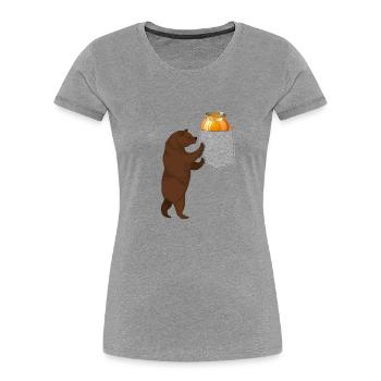 Bär greift nach Honigfass in Ihrer falschen Tasche - Frauen Premium Bio T-Shirt - Grau meliert - Vorne - Mia (176cm)