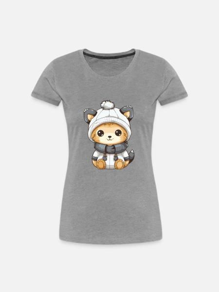 Fuchs Winter Comic Niedlich - Frauen Premium Bio T-Shirt - Grau meliert