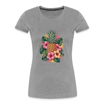 Tropische Ananas Hibiskus Blumen Grafik - Frauen Premium Bio T-Shirt - Grau meliert - Vorne - Mia (176cm)