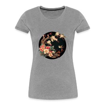 Japanische Malerei Blumen Stickerei Artwork - Frauen Premium Bio T-Shirt - Grau meliert - Vorne - Mia (176cm)