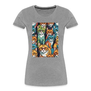 Bunte Katzen mit Brillen Muster - Frauen Premium Bio T-Shirt - Grau meliert - Vorne - Mia (176cm)