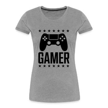 Manette de jeu Gamer - T-shirt bio Premium Femme - gris chiné - Devant - Mia (176cm)
