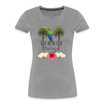 Sommergefühle, Palmen Hibiskus Blumen Papagei grau - Frauen Premium Bio T-Shirt - Grau meliert - Vorne - Mia (176cm)