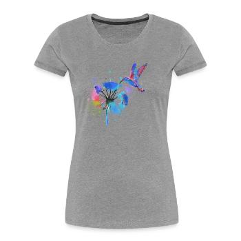 kolibri,graffiti ,malerei, blumen,vogel,blume,bunt - Frauen Premium Bio T-Shirt - Grau meliert - Vorne - Mia (176cm)