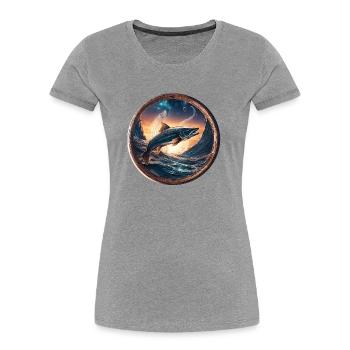 Poisson, vague, or, mer, lever du soleil, bleu - T-shirt bio Premium Femme - gris chiné - Devant - Mia (176cm)