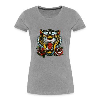 tigre rose fleur tattoo tatouage rugit feuille - T-shirt bio Premium Femme - gris chiné - Devant - Mia (176cm)