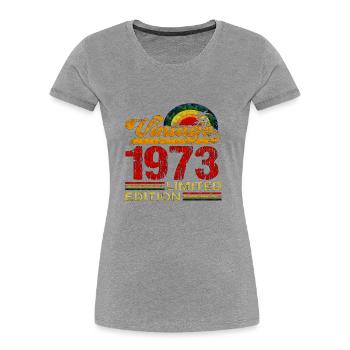 50e anniversaire vintage rétro Né en 1973 Anniversaire - T-shirt bio Premium Femme - gris chiné - Devant - Mia (176cm)