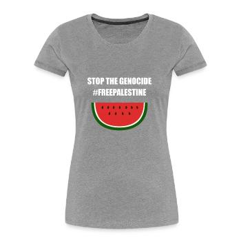 Stoppt den Völkermord Befreit Palästina - Frauen Premium Bio T-Shirt - Grau meliert - Vorne - Mia (176cm)