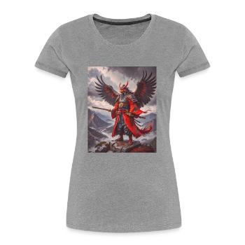 Majestätischer geflügelter Tengu-Krieger mit roter Maske über m - Frauen Premium Bio T-Shirt - Grau meliert - Vorne - Mia (176cm)