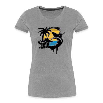 un palmier, fleurs d'hibiscus, une île,une vague - T-shirt bio Premium Femme - gris chiné - Devant - Mia (176cm)