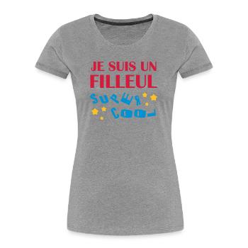 Parrain / Marraine / Filleule / Filleul / Baptême - T-shirt bio Premium Femme - gris chiné - Devant - Mia (176cm)